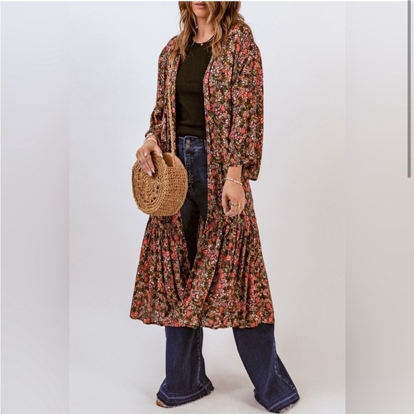 Tranquil Treasures Tops - Boho Open Front Festival Floral Kaftan Duster Kimono Cardigan, Size S, NWOT